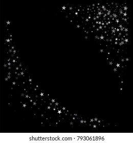 sparkling silver stars corner background on black. magic shining Flying stars on night sky glitter cosmic backdrop, sparkle vector border.