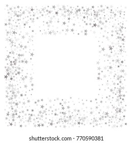 sparkling silver stars frame or border background, christmas lights confetti square lines. magic shining Flying stars glitter cosmic backdrop, sparkle vector border. 