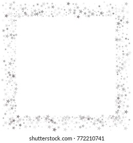 sparkling silver stars frame or border background, christmas lights confetti square lines. magic shining Flying stars glitter cosmic backdrop, sparkle vector border. 