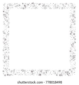 sparkling silver stars frame or border background, christmas lights confetti square lines. magic shining Flying stars glitter cosmic backdrop, sparkle vector border. 