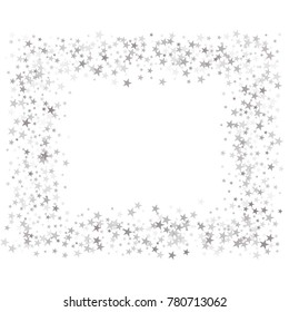 sparkling silver stars frame or border background, christmas lights confetti square lines. magic shining Flying stars glitter cosmic backdrop, sparkle vector border. 