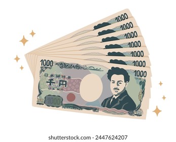 A sparkling, slightly realistic illustration of an old 1,000 yen bill fan by Hideyo Noguchi