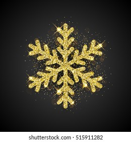 Espumoso copo de nieve rociado con brillo dorado sobre fondo negro. Copo de nieve decorativo de Navidad Icono de copo de nieve aislado vectorial brillante