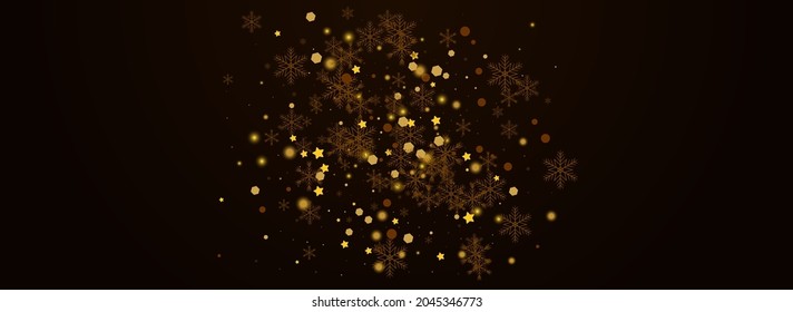 Sparkling Snowflake Vector Pnoramic Brown Background. Gold Chrismas Dots Invitation. Bokeh Snow Backdrop. Elegant Flake Wallpaper.