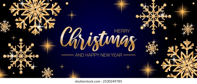 Sparkling snowflakes, a cheerful banner wishing Merry Christmas and Happy New Year. A holiday design featuring realistic festive elements and glittering gold confetti. Horizontal festive poster.