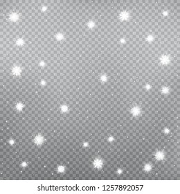 Sparkling snowflakes falling. Winter snowfalls on gray background. Frosty close-up wintry snowflakes. Ice shape pattern. Christmas holiday decoration backdrop