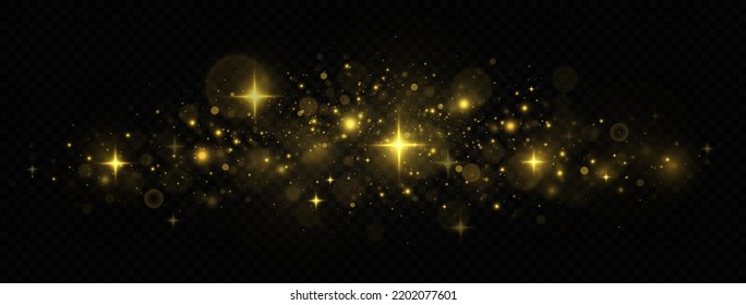 Sparkling space golden magical dust particles. Golden confetti and shiny stars. Christmas light concept.