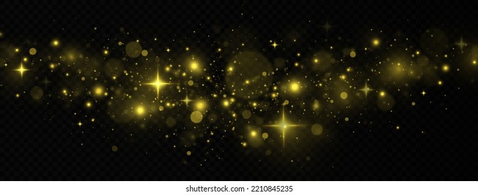 Sparkling space golden magical dust particles. Christmas light concept. Golden confetti and shiny stars.