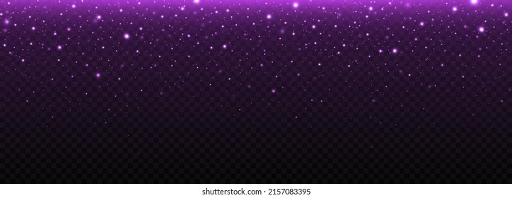 El espacio esparcido mágico partículas de polvo. Las estrellas moradas brillan sobre un fondo transparente. Fondo brillante de Navidad.