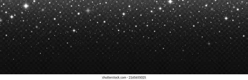 Sparkling space magical dust particles. Christmas shiny background. Silver stars glitter on transparent background. 