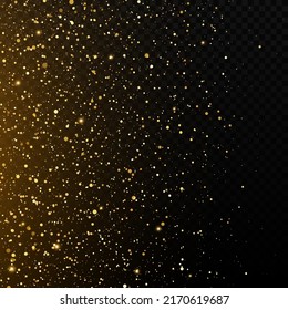 Sparkling space magical dust particles. Golden stars glitter on transparent background. Christmas shiny background.