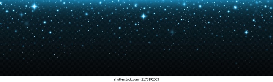 Sparkling space magical dust particles. Blue stars glitter on transparent background. Christmas shiny background.