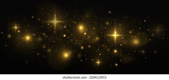 El espacio esparcido mágico partículas de polvo. Las chispas de polvo y las estrellas doradas brillan con luz especial.