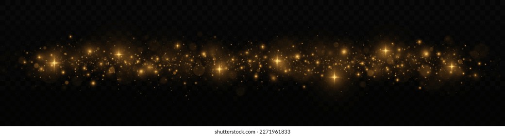 Sparkling space magical dust particles. The dust sparks and golden stars shine with special light. Glitter bokeh lights isolated on a transparent background.