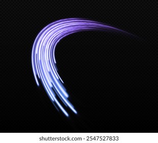 Sparkling speed lines on transparent background. Motion high speed lines effect. Glowing lines of trail.