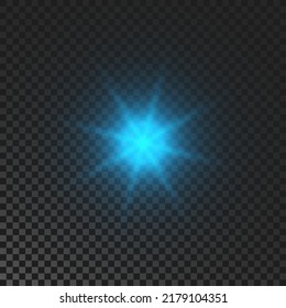 Sparkling star. Blue glowing flickering and flashing light on dark transparent background. Vector explosion with rays and flare effect
