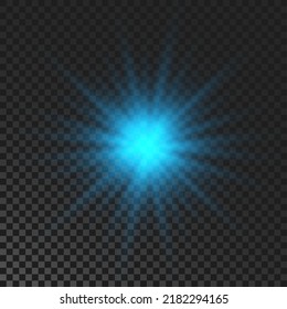 Sparkling star. Blue glowing flickering and flashing light on dark transparent background. Vector explosion with rays and flare effect