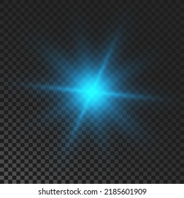 Sparkling star. Blue glowing flickering and flashing light on dark transparent background. Vector explosion with rays and flare effect