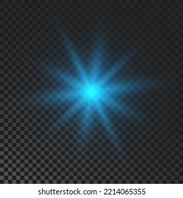 Sparkling star. Blue glowing flickering and flashing light on dark transparent background. Vector explosion with rays and flare effect