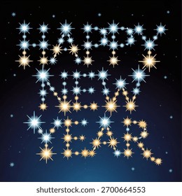 Estrela cintilante texto constelação deseja feliz ano novo contra o céu escuro da noite.