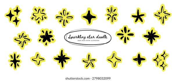 Sparkling star doodles set in hand drawn style, Scrapbook stickers paper cutout elements collection for hand drawn journal, dairy, notebooks.