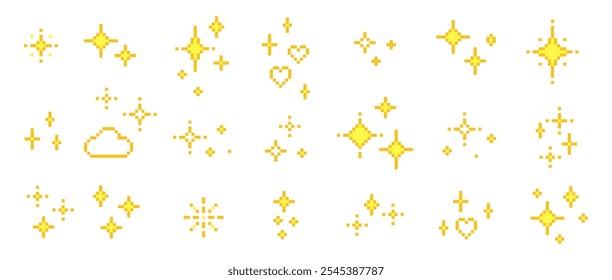 Sparkling star emoji. Magic and shining game abstract elements. Y2k glitter pixel art icon set. Sparkles. Mood of 90's aesthetics. 8 bit retro style vector illustration. Simple geometric shape