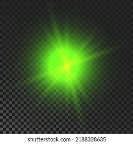Sparkling star. Green glowing flickering and flashing light on dark transparent background. Vector explosion with rays and flare effect