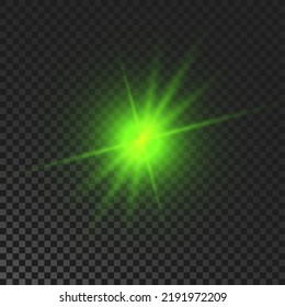 Sparkling star. Green glowing flickering and flashing light on dark transparent background. Vector explosion with rays and flare effect