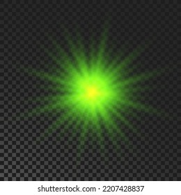 Sparkling star. Green glowing flickering and flashing light on dark transparent background. Vector explosion with rays and flare effect