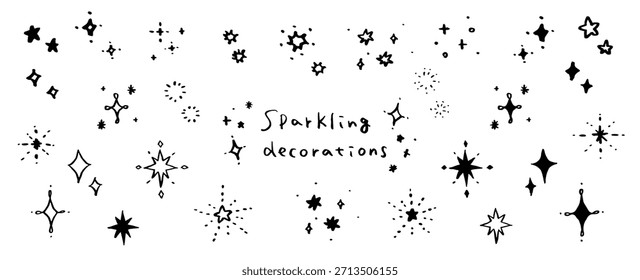 Sparkling star hand-drawn material set. Shining decorations.