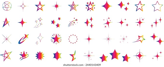 Sparkling star icon set, colorful star designs, ideal for festive, magical themes. Bright decoration elements on a white background, enhancing visual appeal. Perfect for celebration graphics