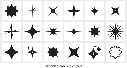 Conjunto de ícones de estrela cintilante. Coleção de formas de brilho e estouros decorativos. Formas básicas do flash brilhante