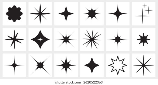 Conjunto de ícones de estrela cintilante. Coleção de formas de brilho e estouros decorativos. Formas básicas do flash brilhante