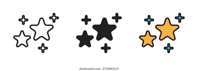 Sparkling star icons set with various shapes, perfect for magic effects, cleanliness symbols, night sky decorations, and special achievement highlights.