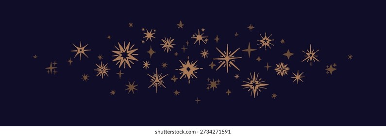 Patrón de estrella brillante con acentos dorados sobre fondo oscuro. Elementos celestiales brillantes y estrellas brillantes ideales para decoraciones festivas y diseño mágico. Vector dibujado a mano impresión