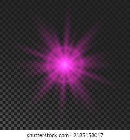 Sparkling star. Purple glowing flickering and flashing light on dark transparent background. Vector explosion with rays and flare effect