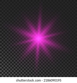 Sparkling star. Purple glowing flickering and flashing light on dark transparent background. Vector explosion with rays and flare effect