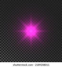 Sparkling star. Purple glowing flickering and flashing light on dark transparent background. Vector explosion with rays and flare effect