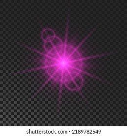 Sparkling star. Purple glowing flickering and flashing light on dark transparent background. Vector explosion with rays and flare effect