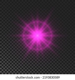 Sparkling star. Purple glowing flickering and flashing light on dark transparent background. Vector explosion with rays and flare effect