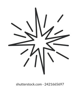 Estrella deslumbrante con rayos de fuego y chispa icono de la línea. Silueta de contorno negro delgada de brillante explosión de destellos en el cielo, fuegos artificiales de forma estrella icono monocromo, ilustración vectorial de elemento festivo