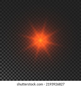 Sparkling star. Red glowing flickering and flashing light on dark transparent background. Vector explosion with rays and flare effect
