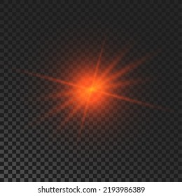Sparkling star. Red glowing flickering and flashing light on dark transparent background. Vector explosion with rays and flare effect