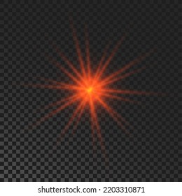 Estrella chismosa. Rojo parpadeando y parpadeando la luz sobre fondo transparente oscuro. Explosión vectorial con efecto de rayos y llama