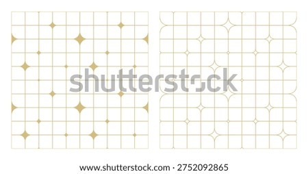 Sparkling Star Seamless Pattern set. Abstract geometric background with gold twinkles. Retro aesthetic grid line patterns bg. Wireframe mesh with magical glow. Vector illustration art