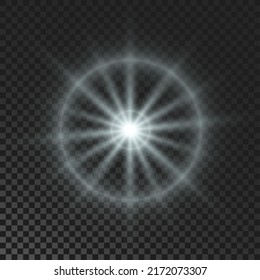 Sparkling star. White glowing  flickering and flashing light on dark transparent background. Vector explosion with rays and flare effect