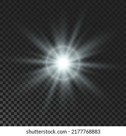 Sparkling star. White glowing  flickering and flashing light on dark transparent background. Vector explosion with rays and flare effect