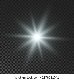 Estrella chismosa. Luces blancas brillantes y luces intermitentes sobre fondo transparente oscuro. Explosión vectorial con efecto de rayos y llama