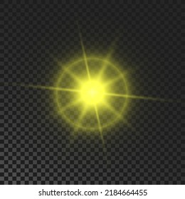 Sparkling star. Yellow glowing flickering and flashing light on dark transparent background. Vector explosion with rays and flare effect