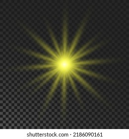Sparkling star. Yellow glowing flickering and flashing light on dark transparent background. Vector explosion with rays and flare effect